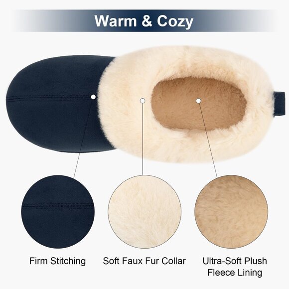 Women's Navy Blue Warm Winter Velvet Fuzzy Collar House Slippers Bootie Shoes - Picture 4 of 6